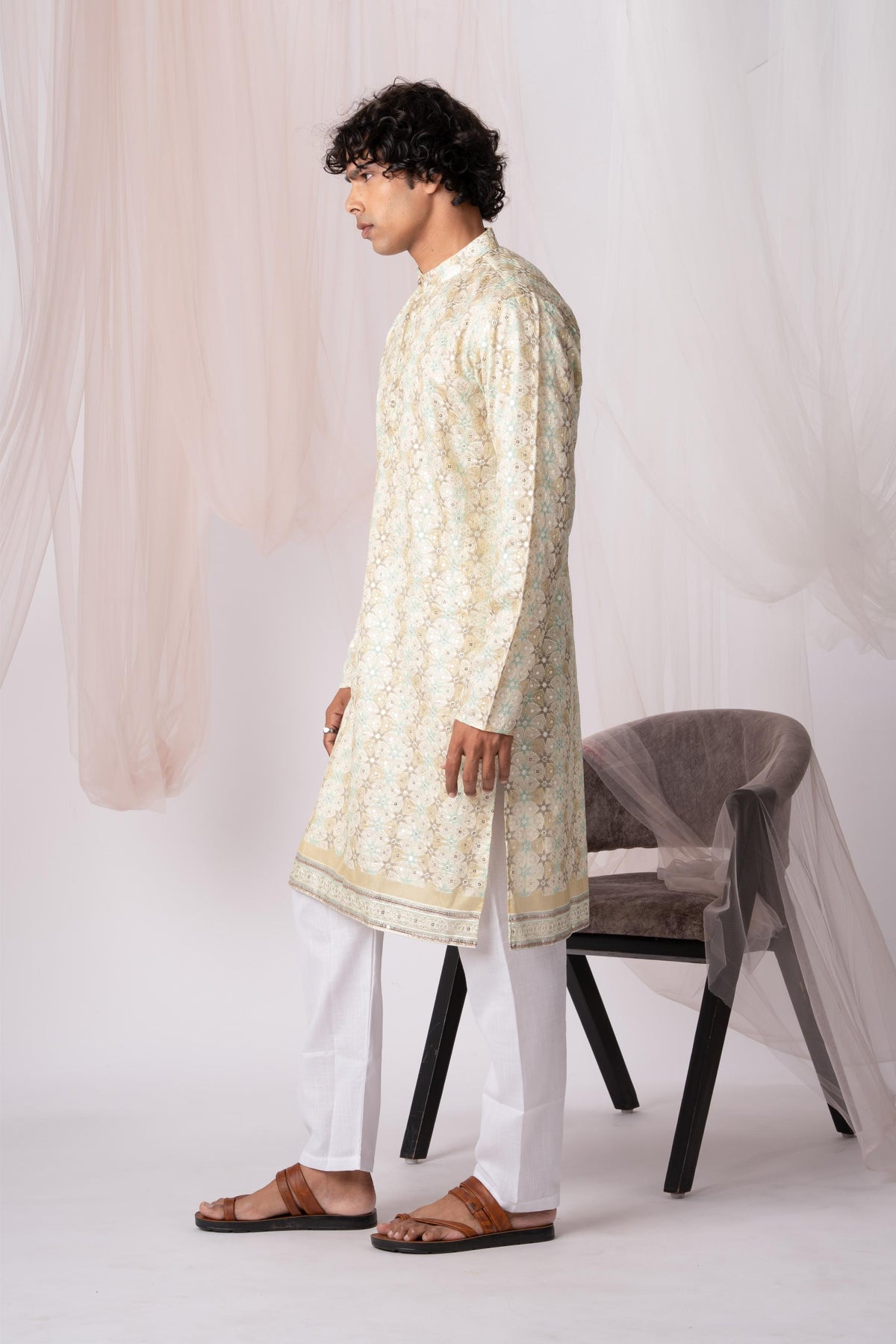 Light Green Position Print Kurta For Men