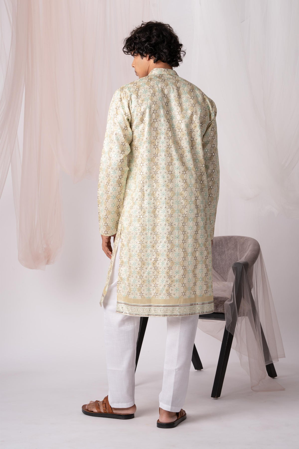 Light Green Position Print Kurta For Men