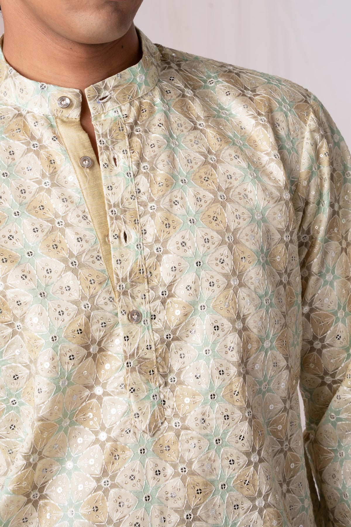 Light Green Position Print Kurta For Men