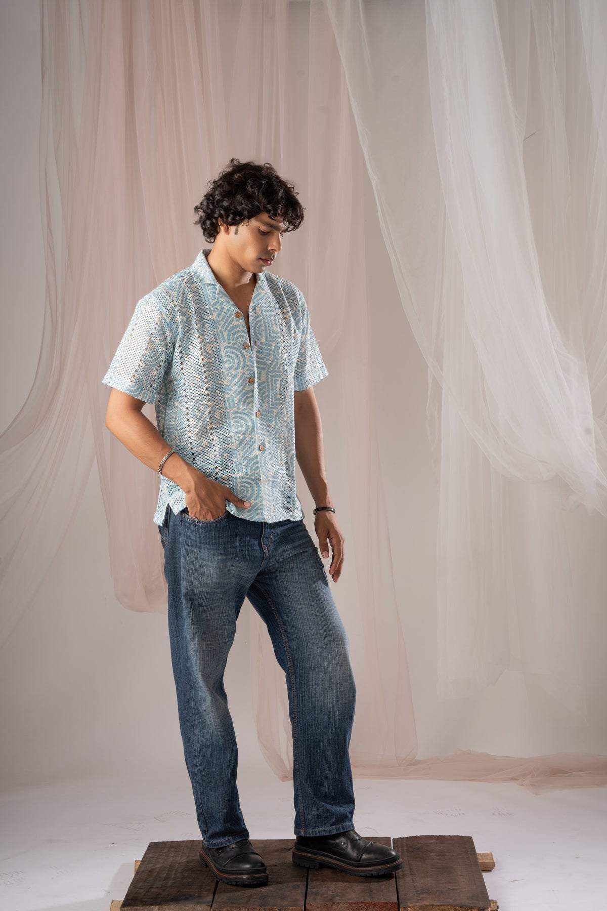 Powder Blue Crochet Shirt for Men