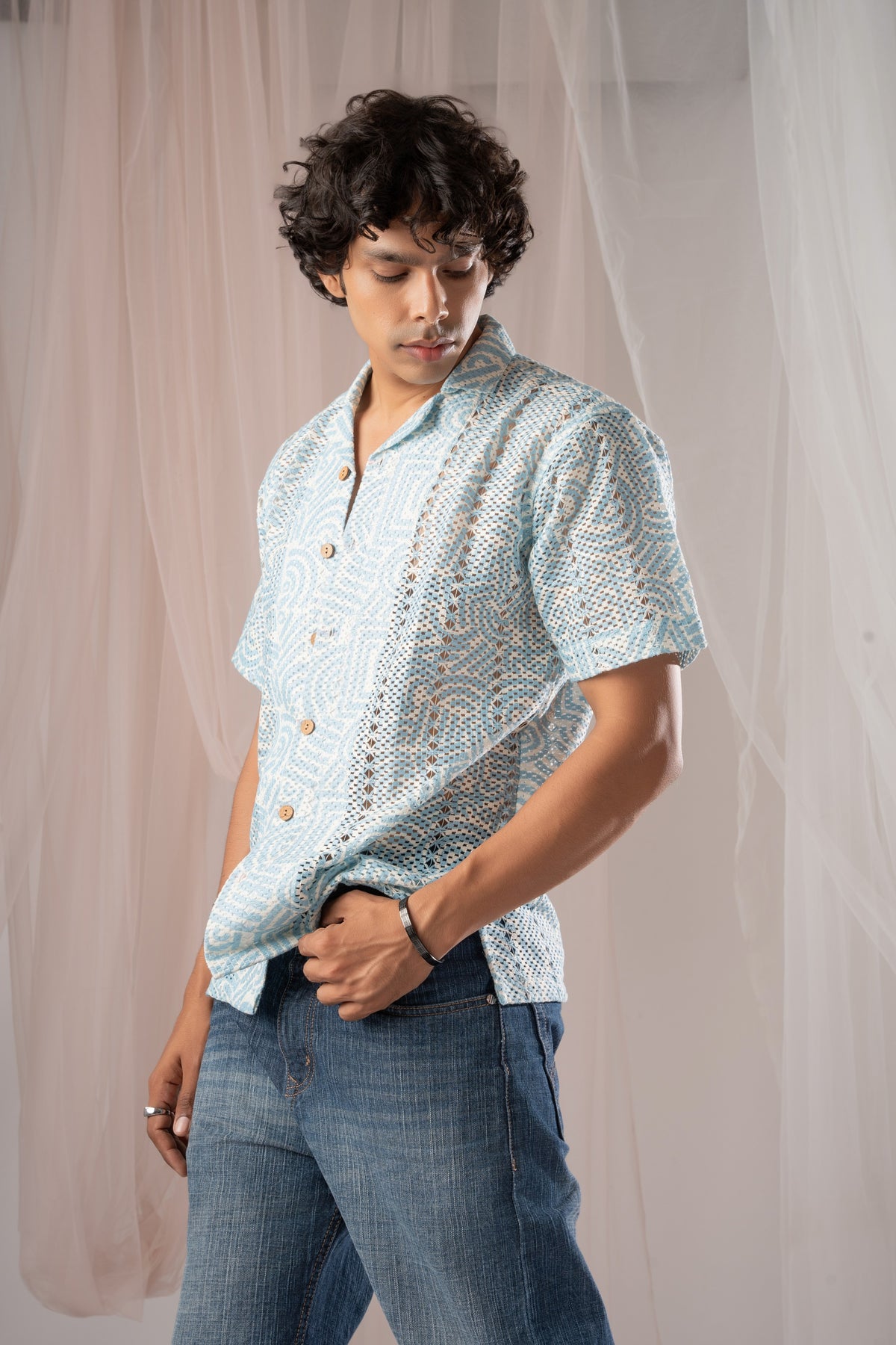 Powder Blue Crochet Shirt for Men