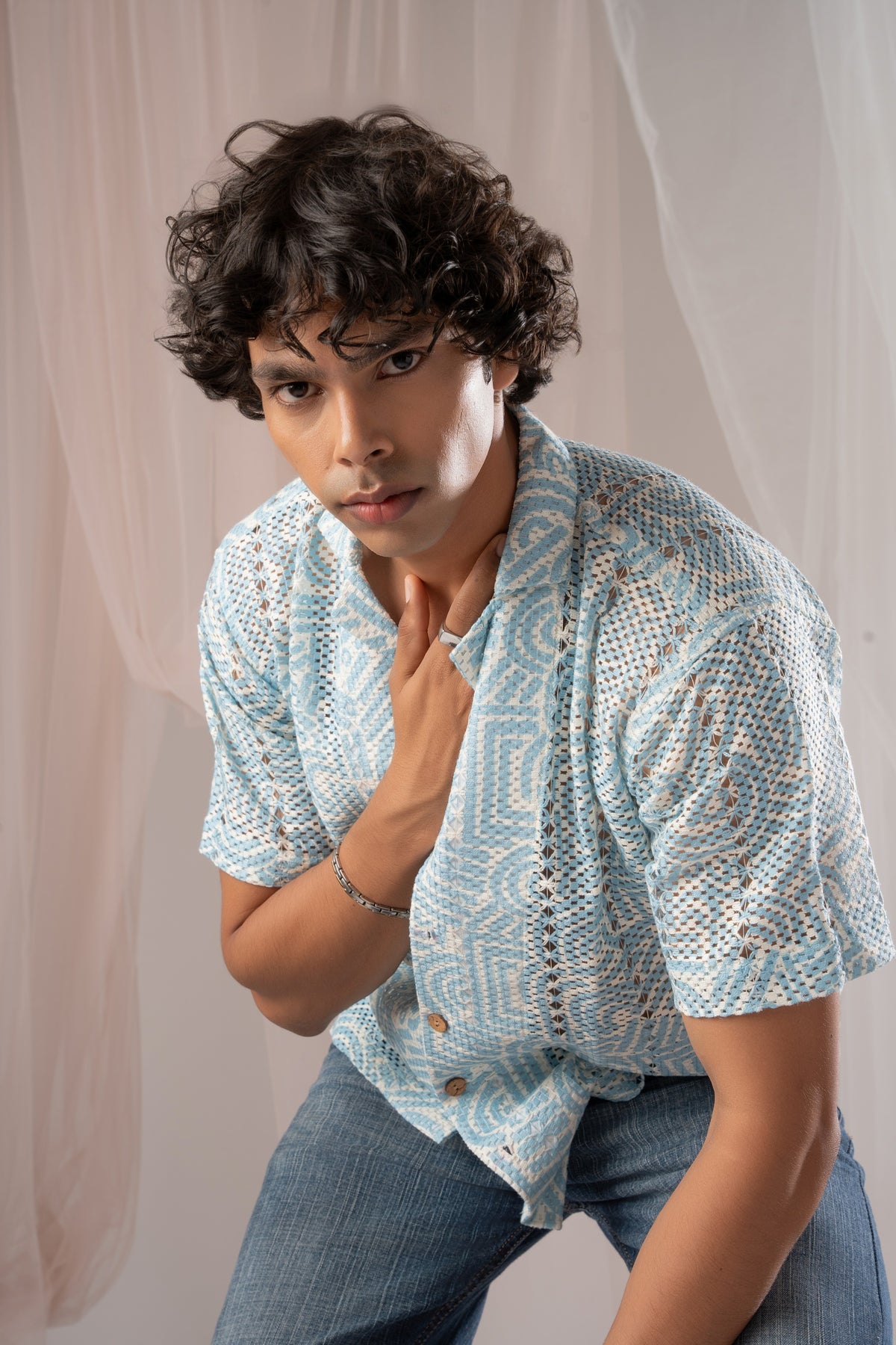 Powder Blue Crochet Shirt for Men