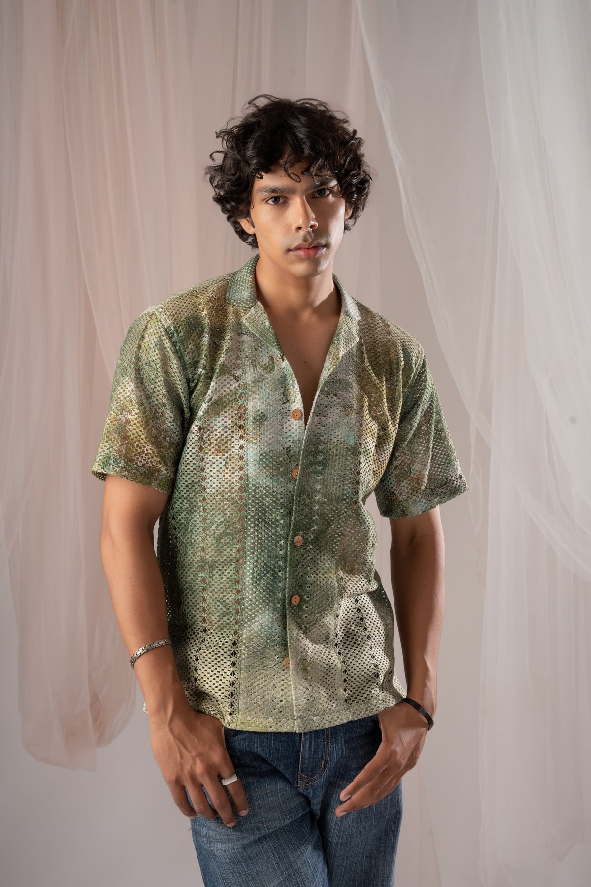 Henna Green Crochet Shirt for Men