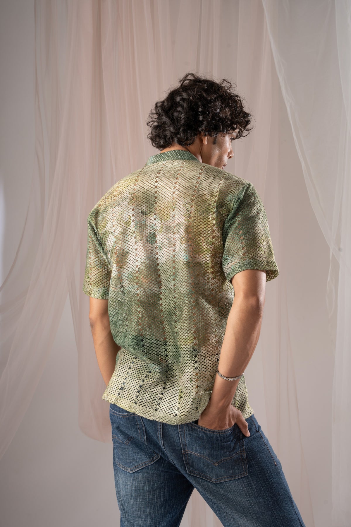 Henna Green Crochet Shirt for Men