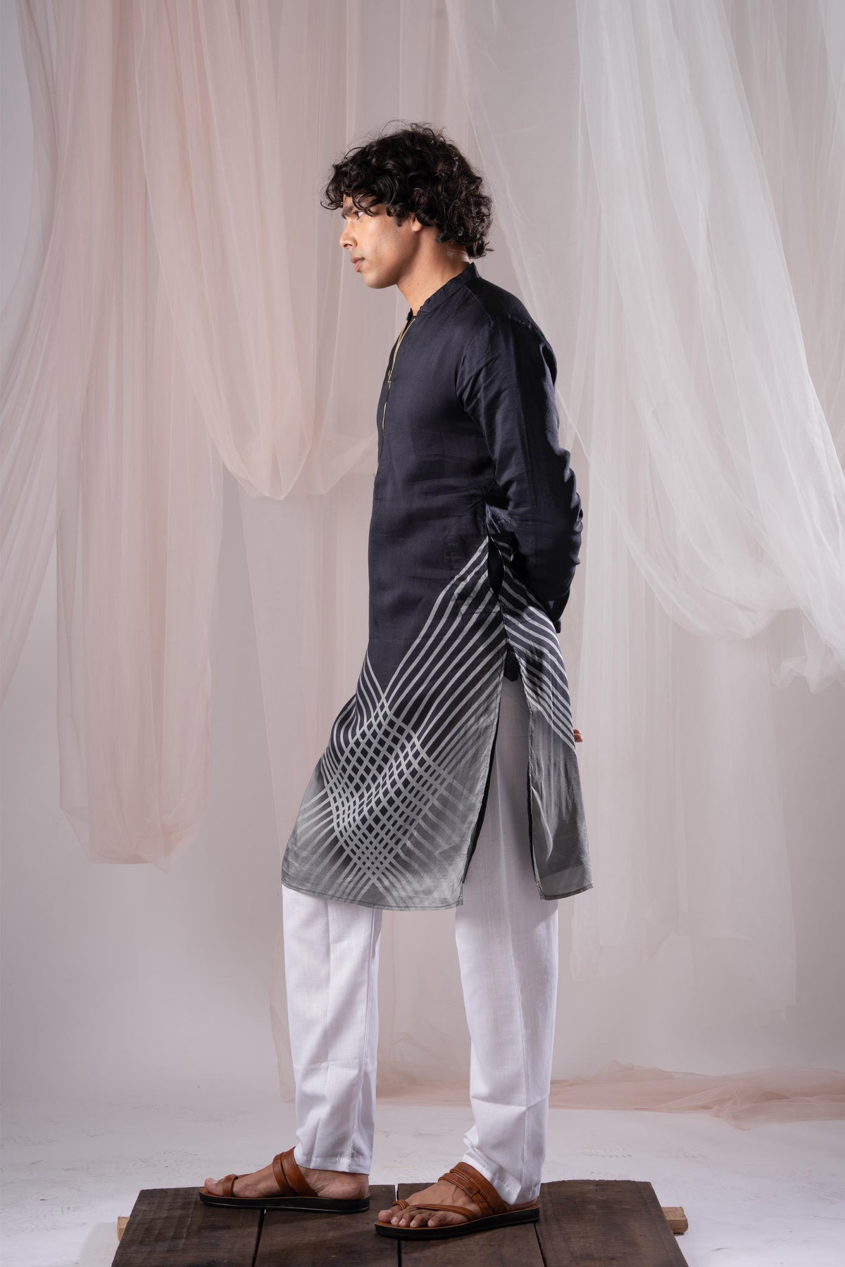 Black Digital Kurta For Men