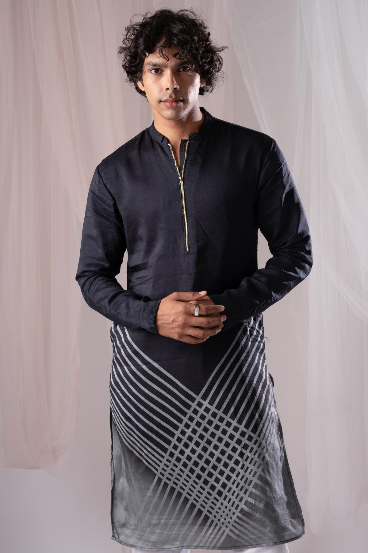 Black Digital Kurta For Men