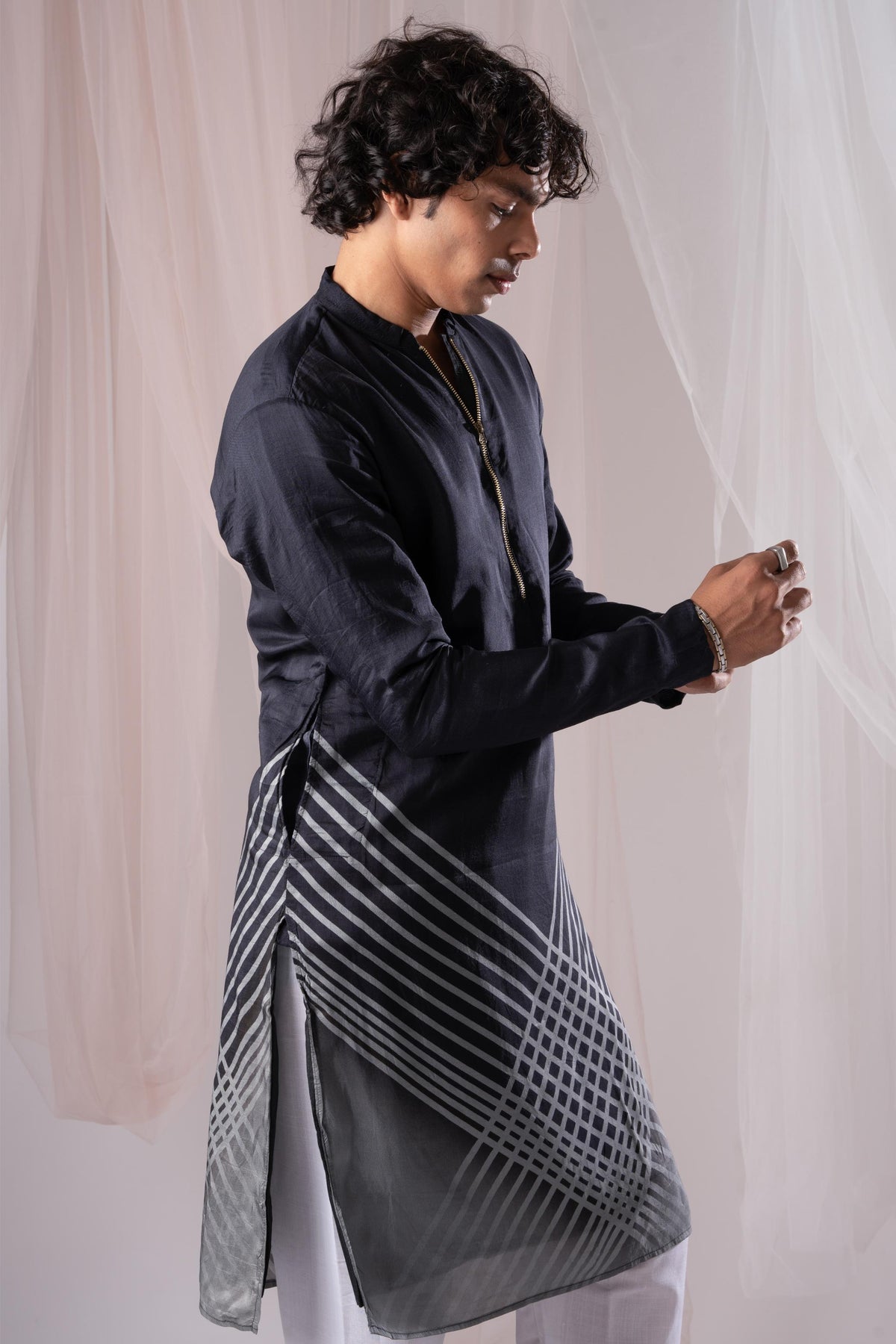 Black Digital Kurta For Men