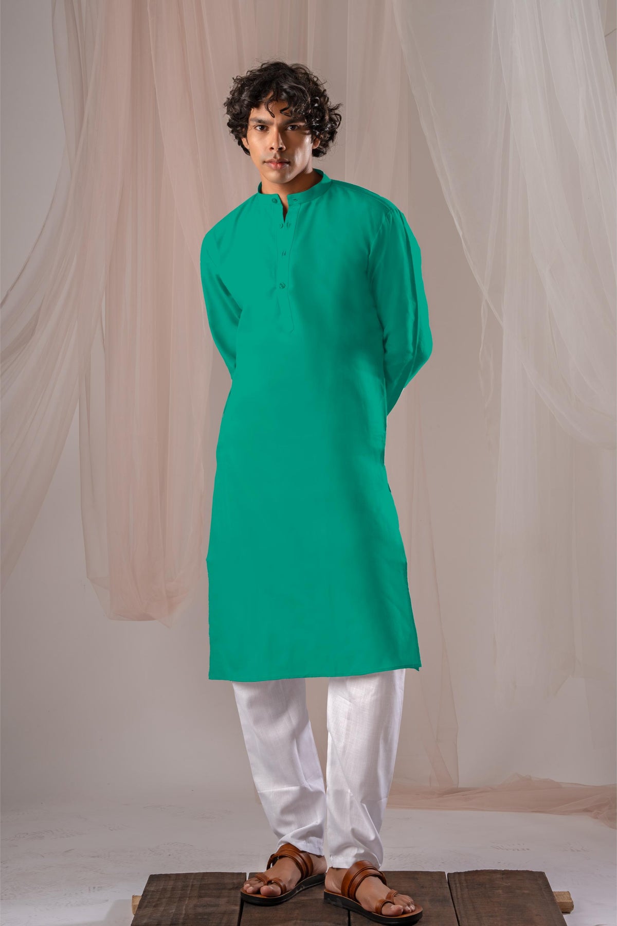 Bright Green Solid Plain Kurta for Men