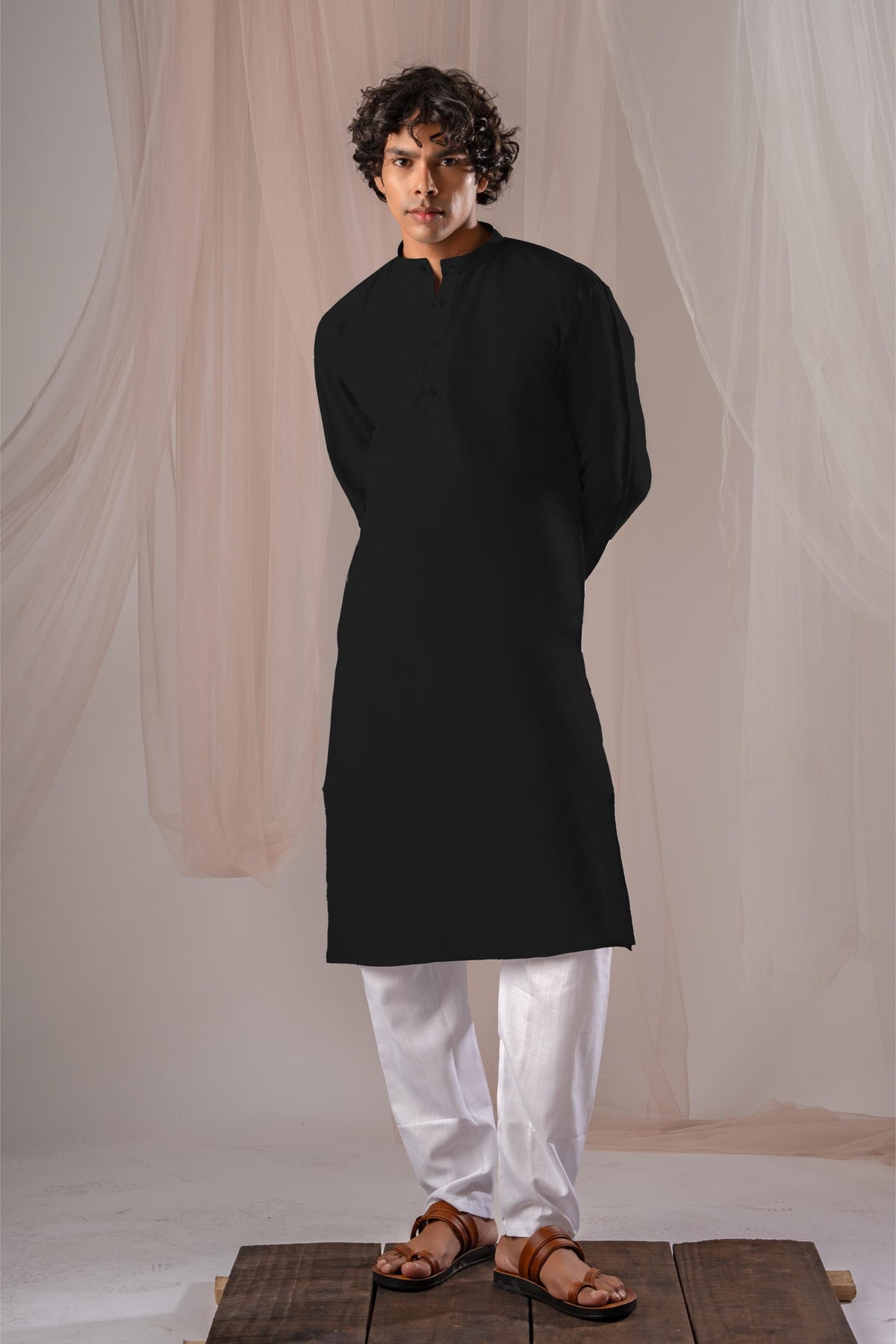 Black Solid Plain Kurta for Men