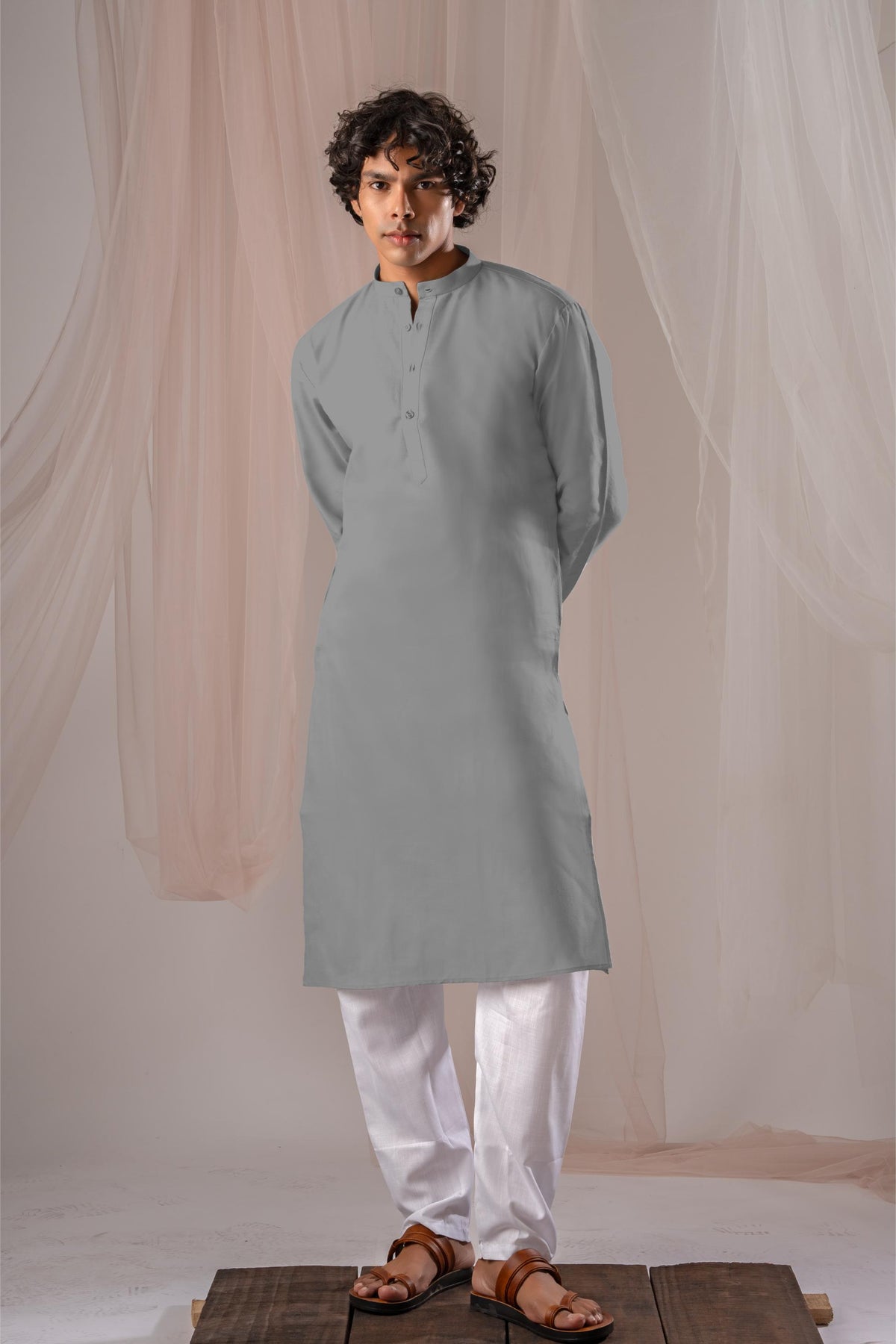 Grey Solid Plain Kurta for Men