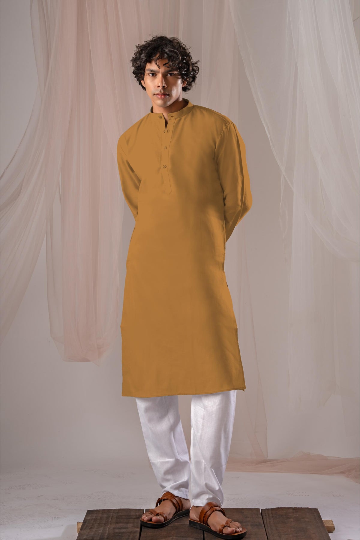 Mustard Yellow Solid Plain Kurta for Men