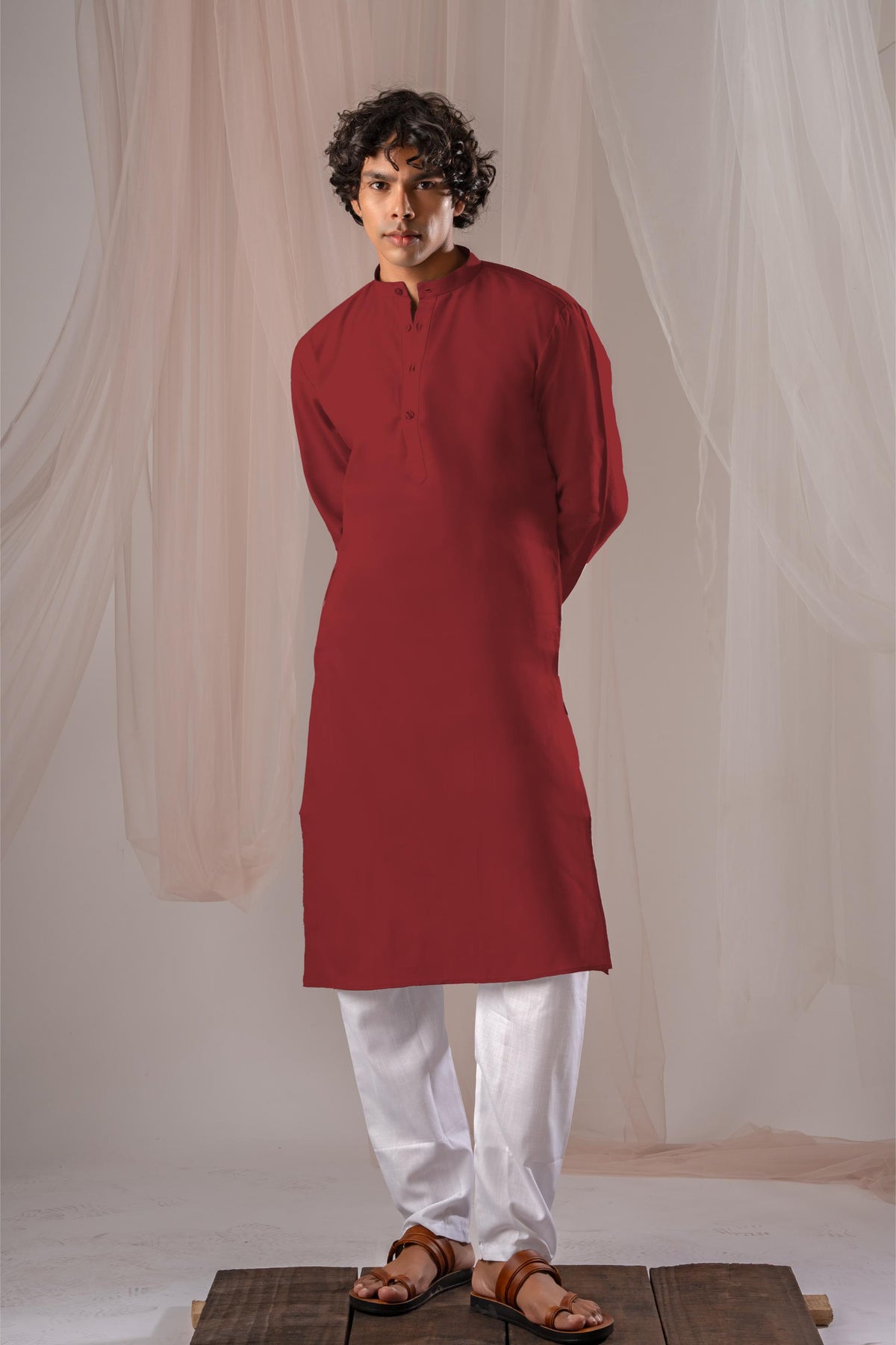 Red Solid Plain Kurta for Men