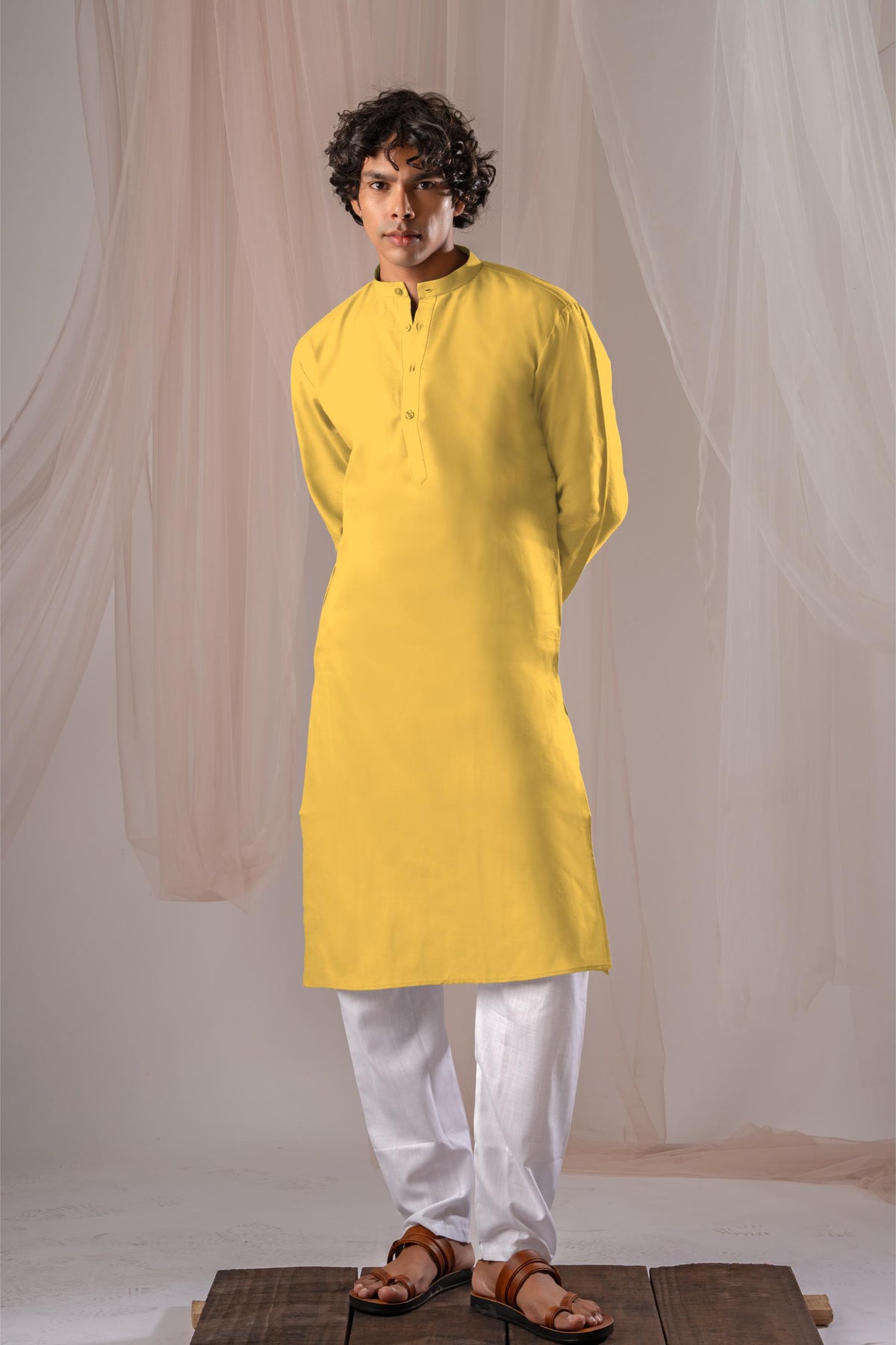 Lemon Yellow Solid Plain Kurta for Men