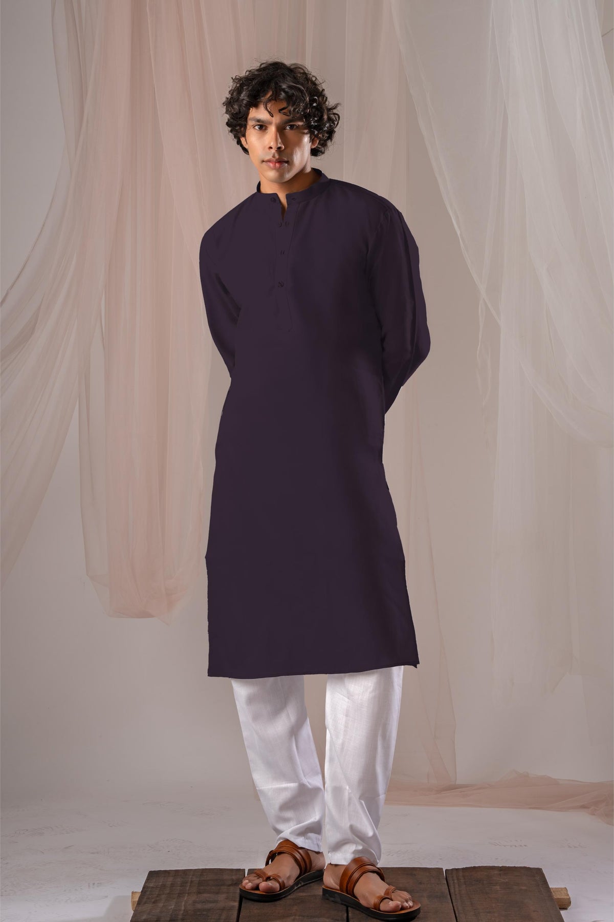 Violet Solid Plain Kurta for Men