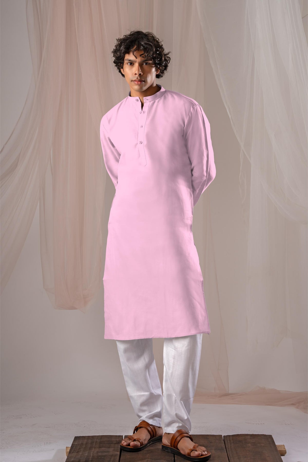 Light Pink Solid Plain Kurta For Men