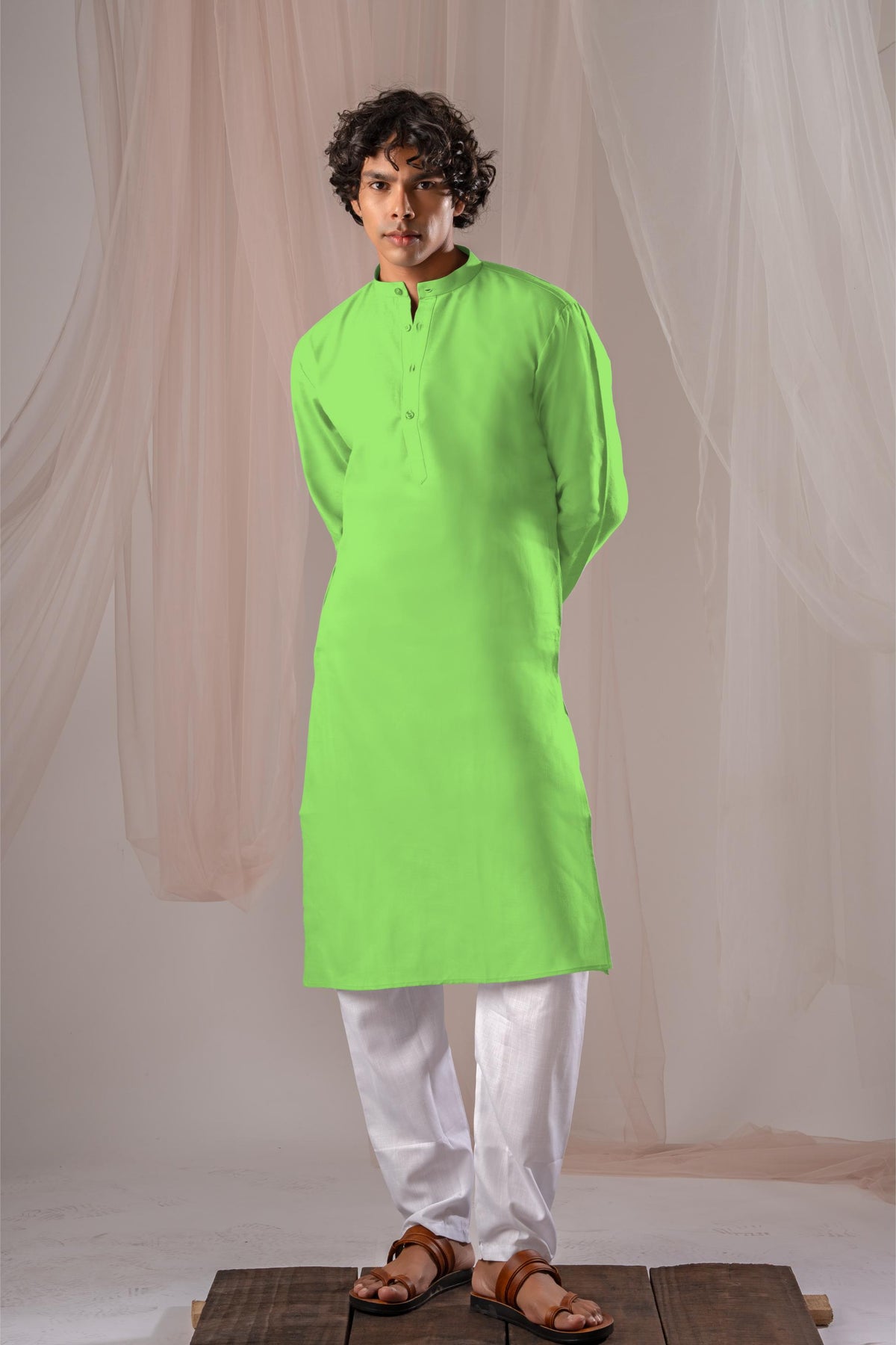 Green Solid Plain Kurta for Men