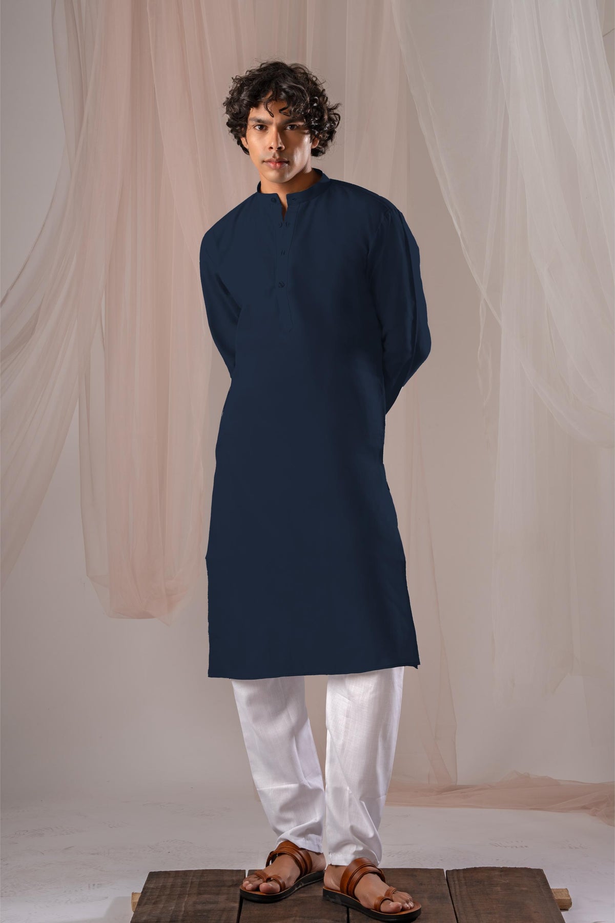 Navy Blue Solid Plain Kurta for Men