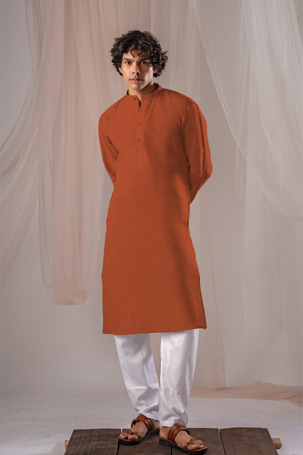 Orange Solid Plain Kurta for Men