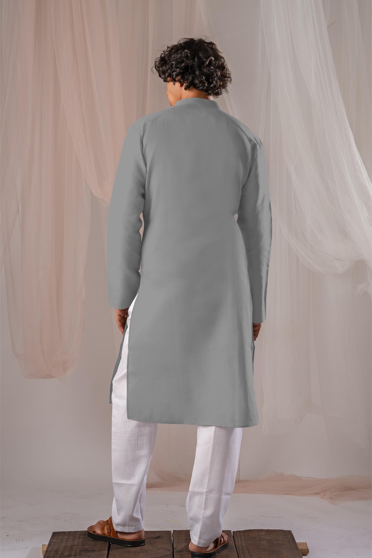 Grey Solid Plain Kurta for Men