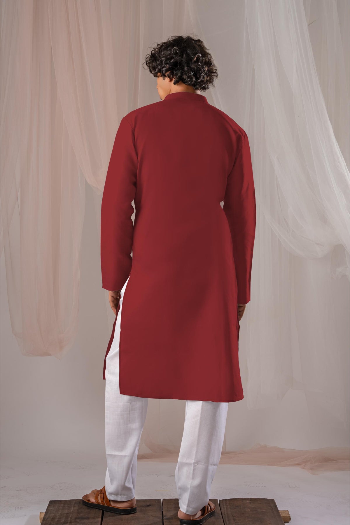 Red Solid Plain Kurta for Men