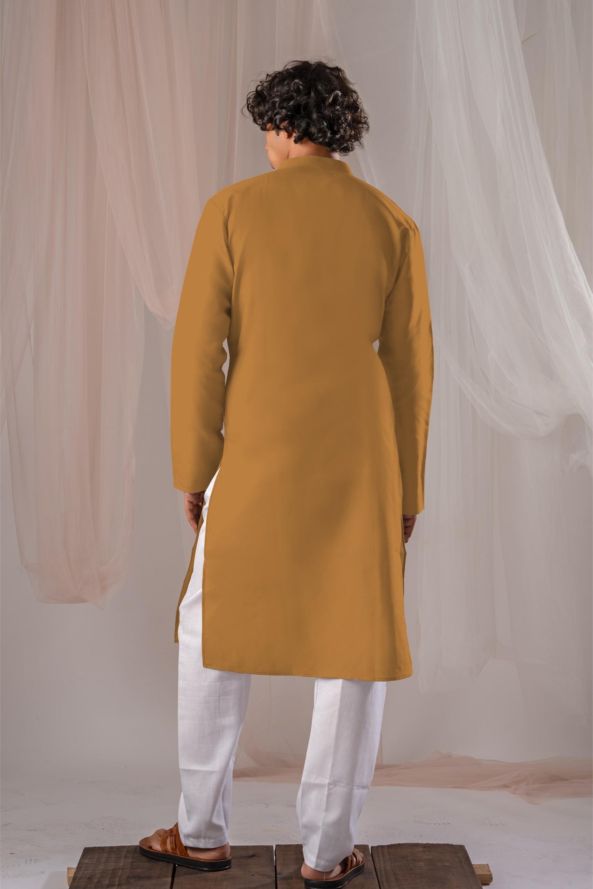 Mustard Yellow Solid Plain Kurta for Men