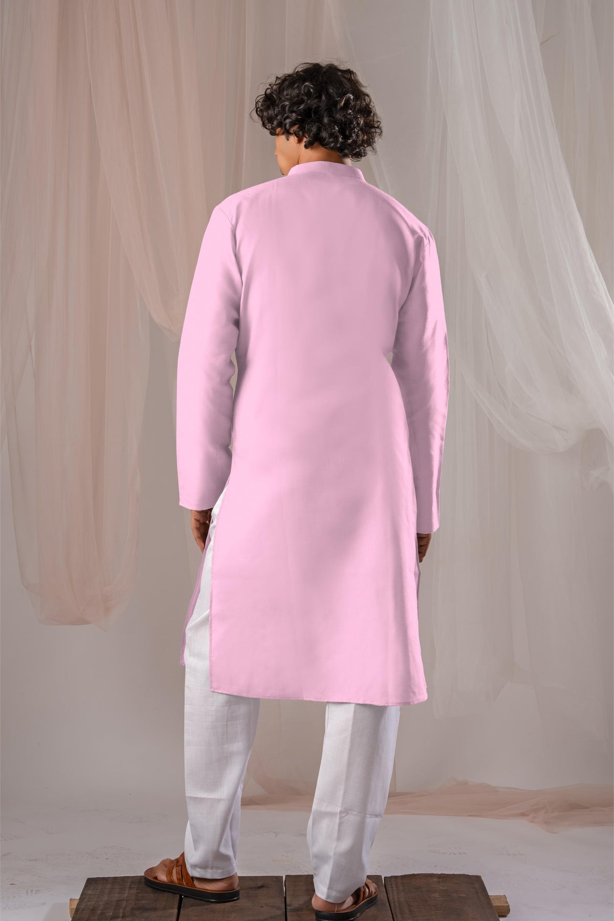 Light Pink Solid Plain Kurta For Men