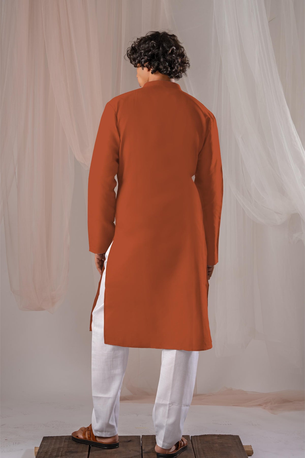 Orange Solid Plain Kurta for Men