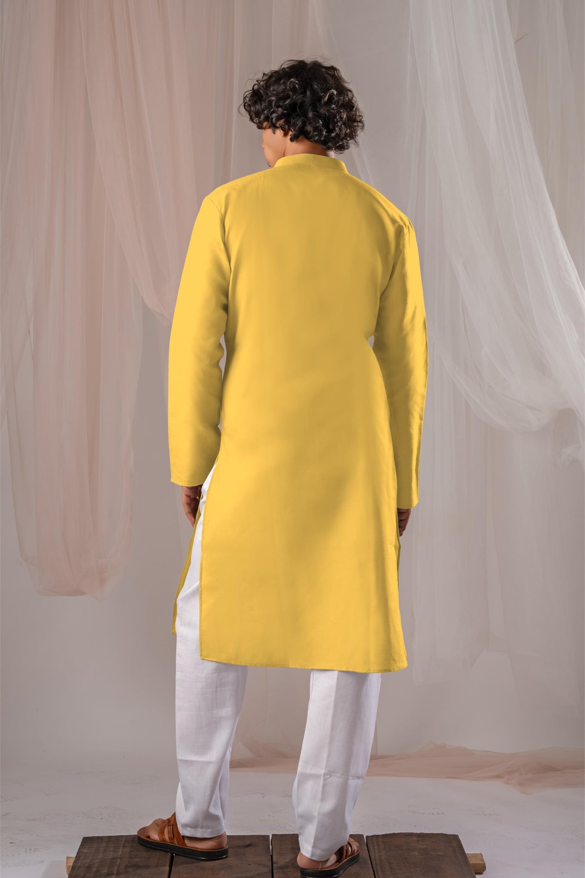 Lemon Yellow Solid Plain Kurta for Men