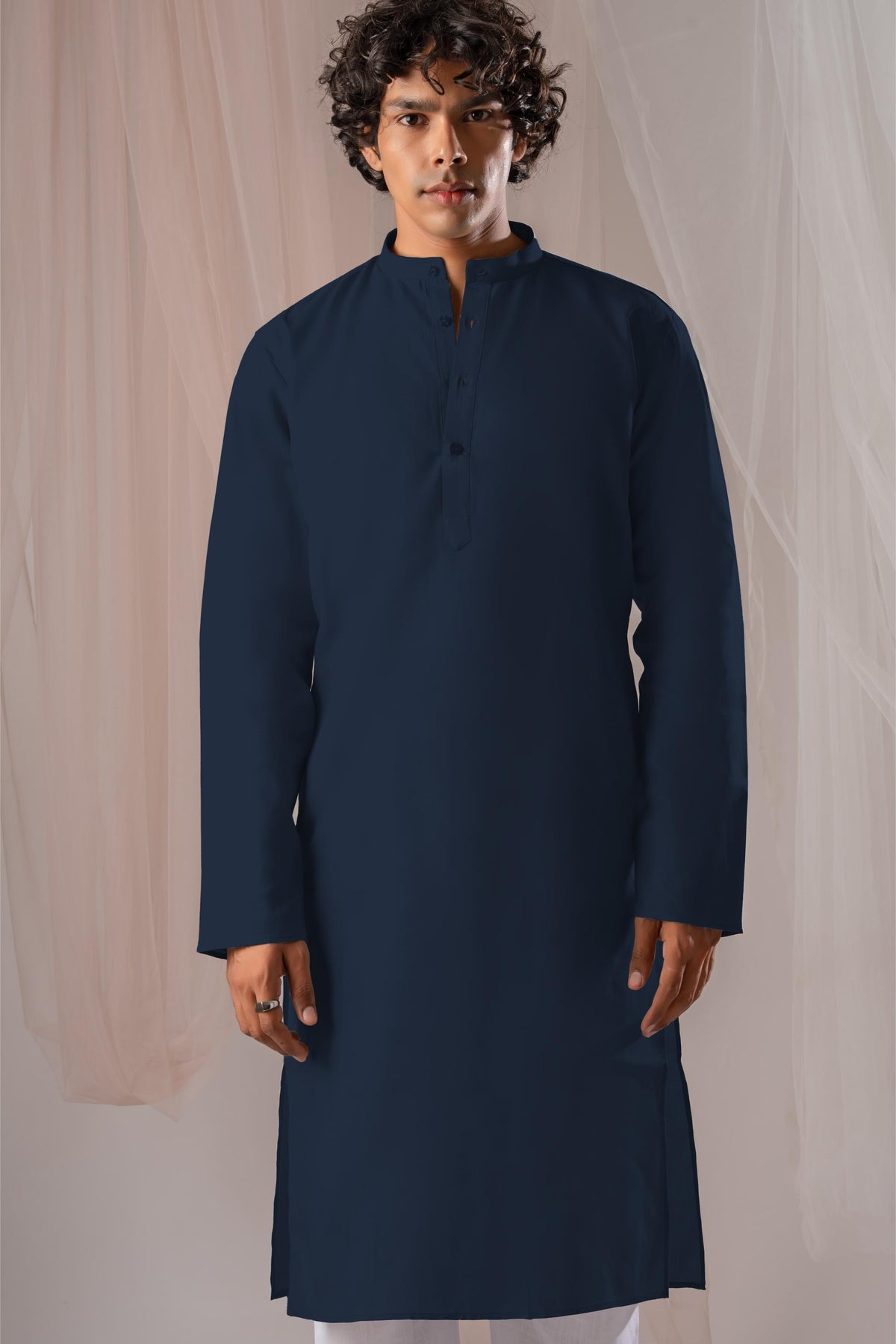 Navy Blue Solid Plain Kurta for Men