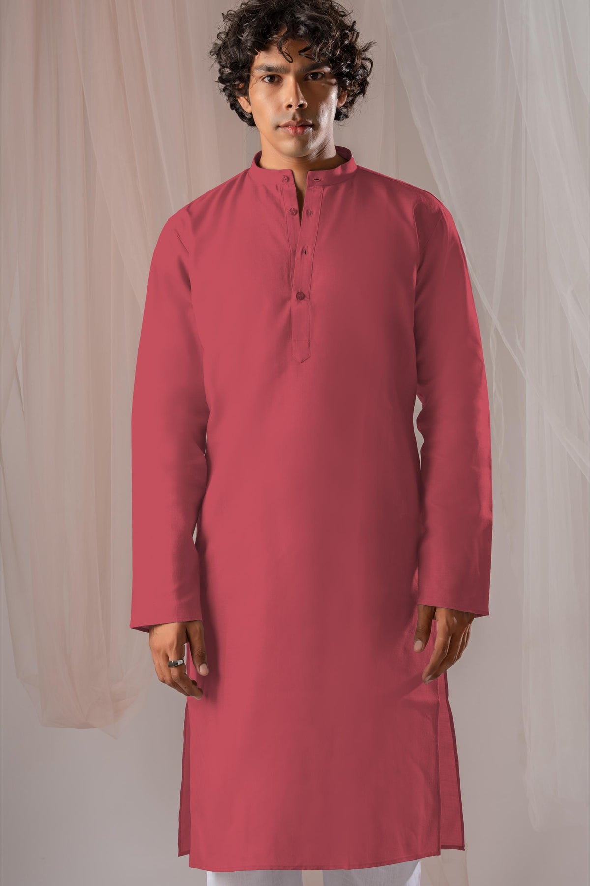 Pink Solid Plain Kurta for Men