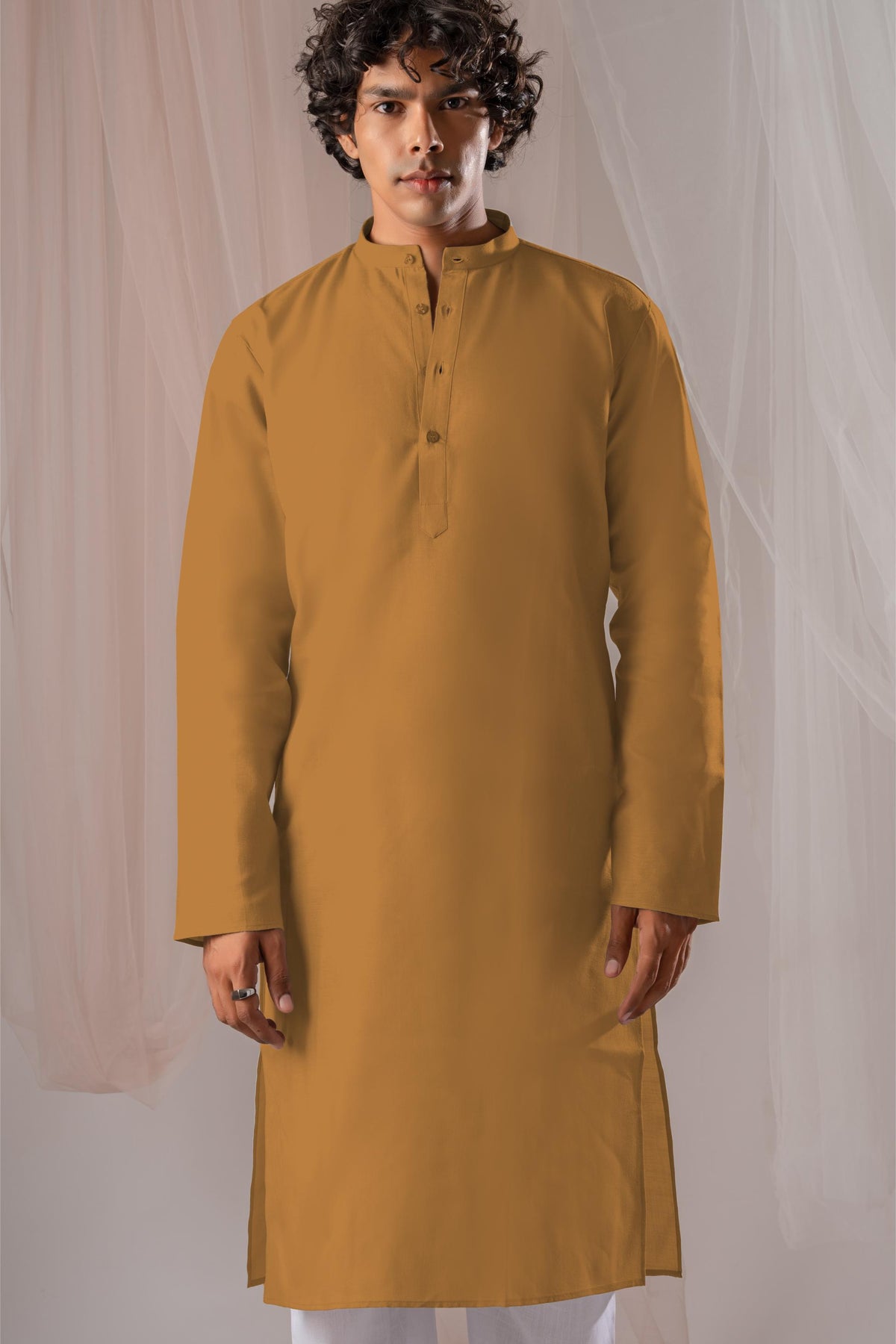 Mustard Yellow Solid Plain Kurta for Men