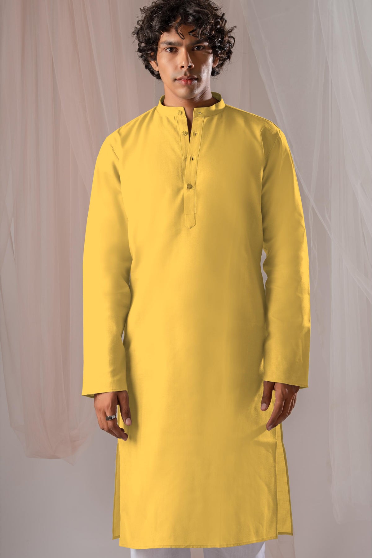 Lemon Yellow Solid Plain Kurta for Men