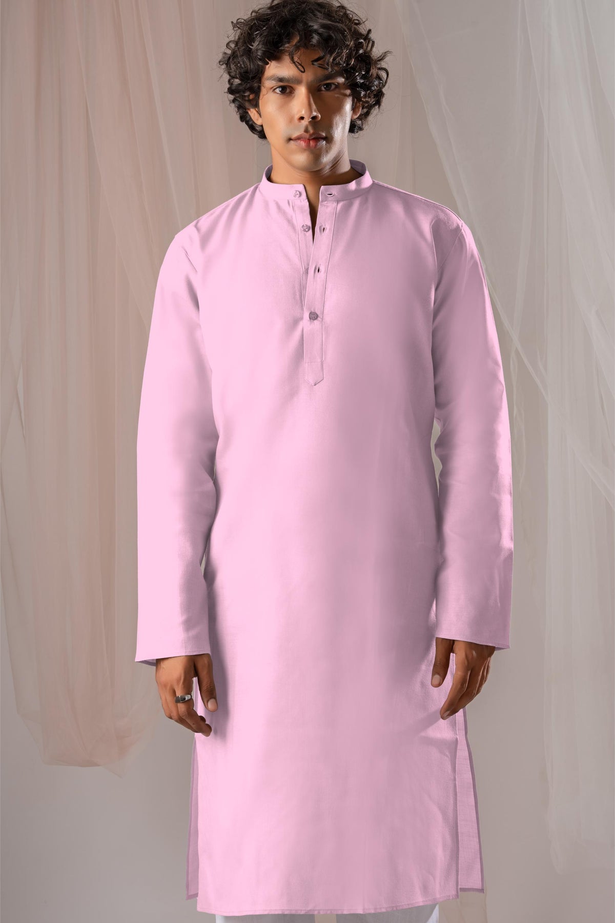 Light Pink Solid Plain Kurta For Men