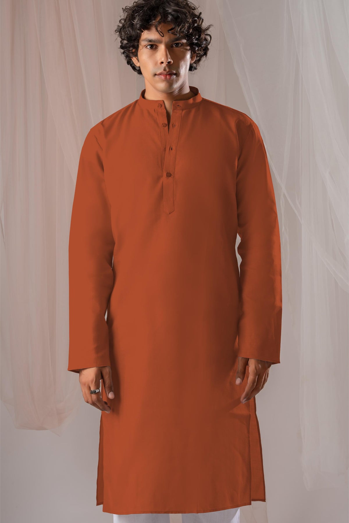 Orange Solid Plain Kurta for Men