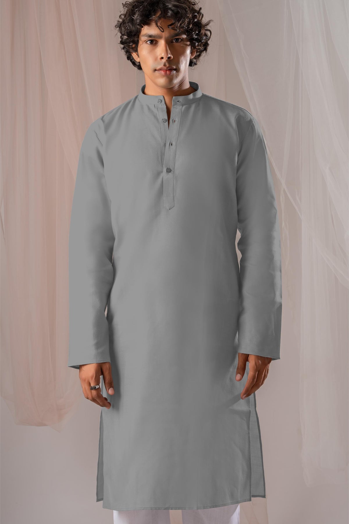 Grey Solid Plain Kurta for Men